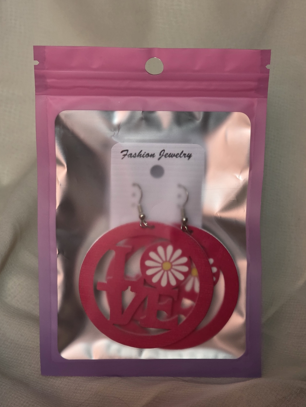 Fashion Jewelry Pink 'LOVE' Wooden Drop Earrings with Daisy Accent - Picture 4 of 4